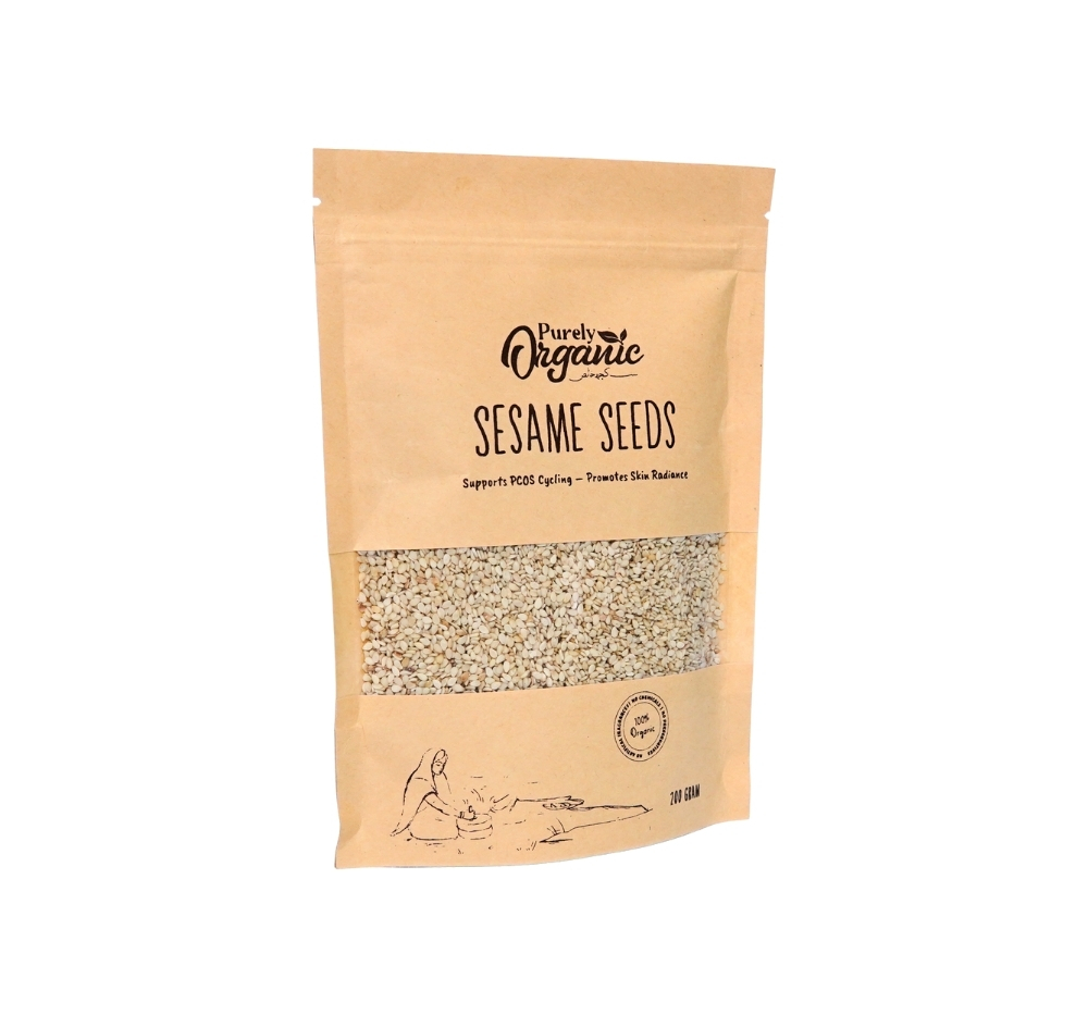 sesame seeds side view pack purely organic