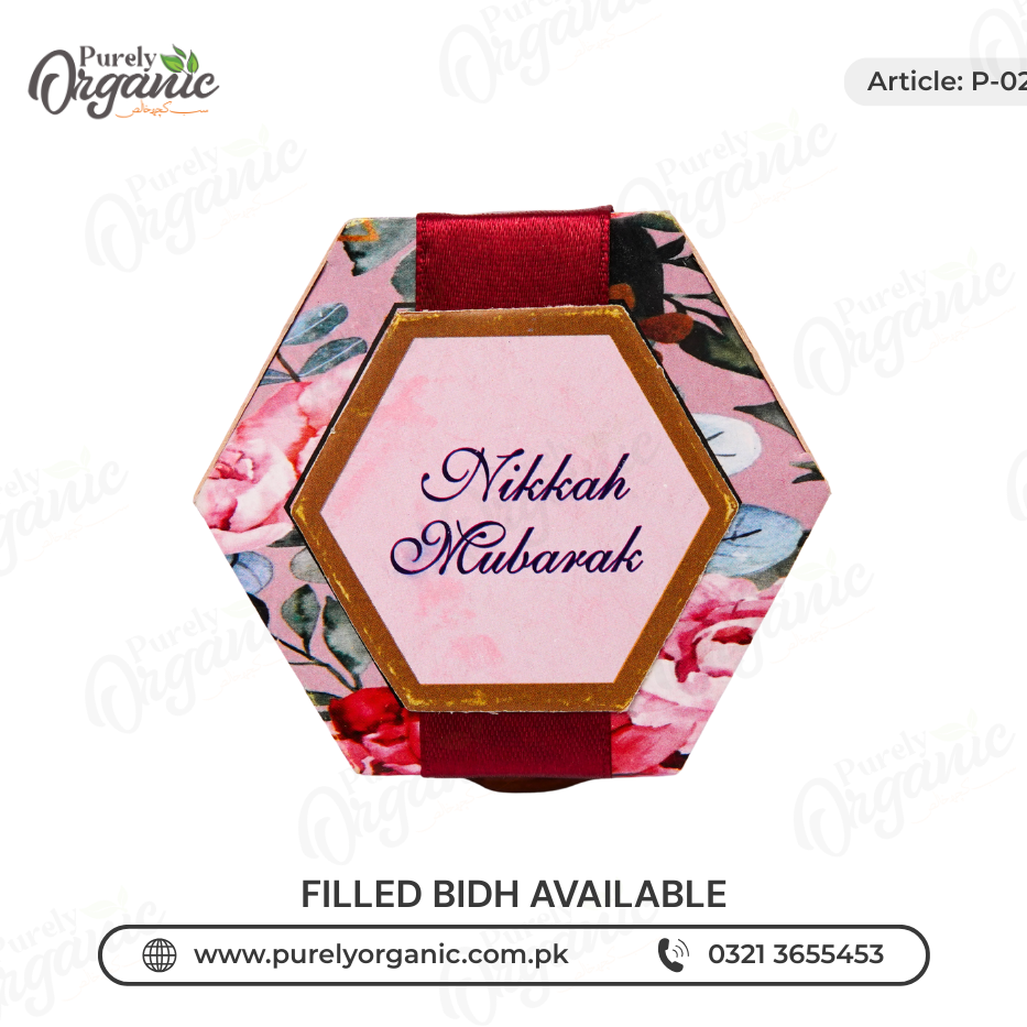 pink bidh box with tag and ribbon front view – purely organic
