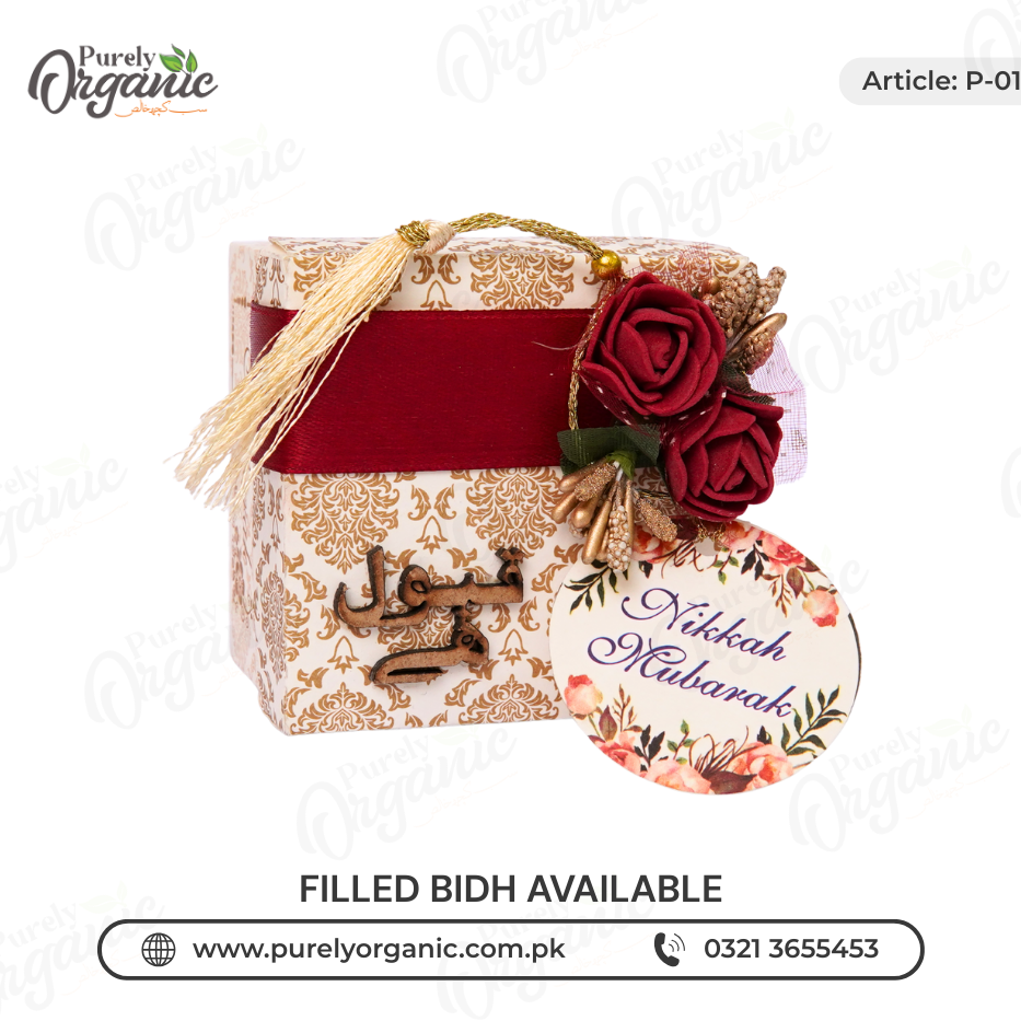 premium bidh box for nikkah with red flower and tag - purely organic