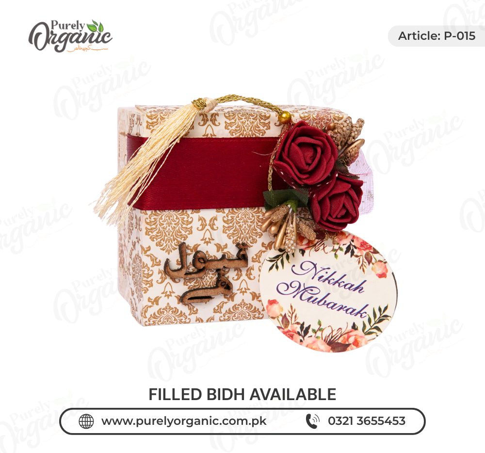 premium bidh box for nikkah with red flower and tag - purely organic
