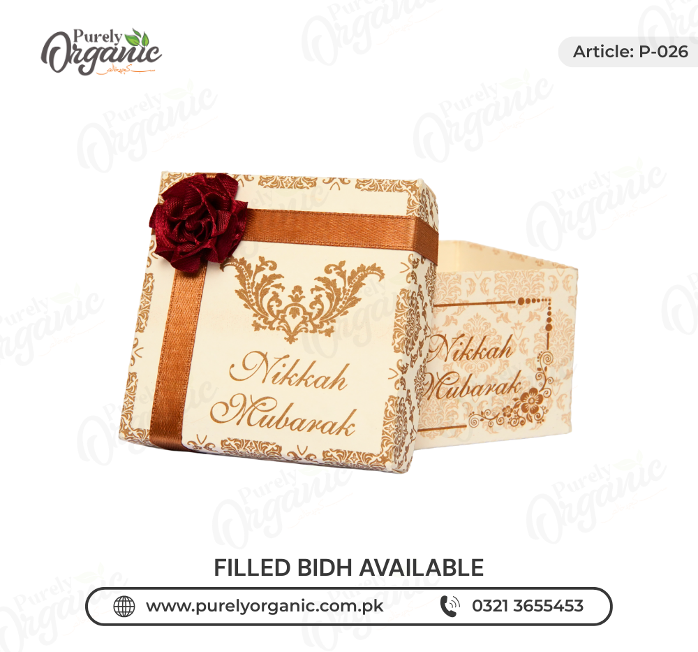 printed square bidh box with flower and customised tag box view - purely organic