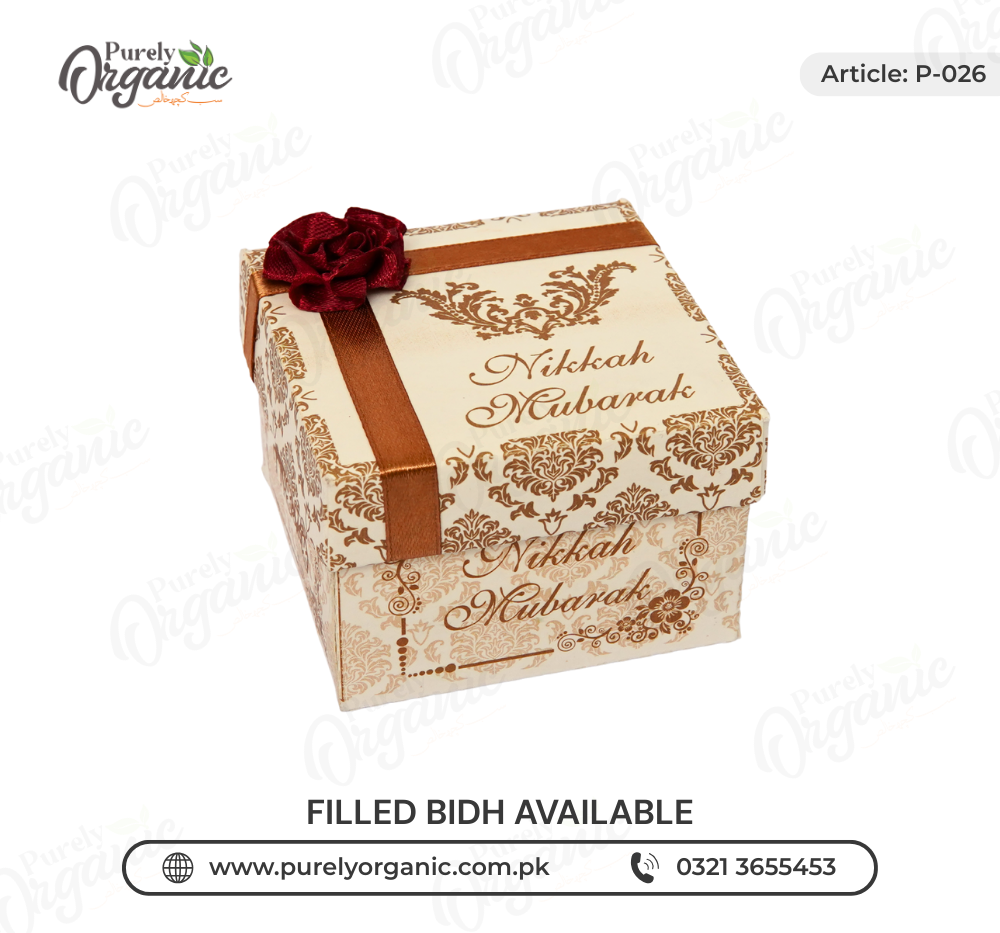 printed square bidh box with flower and customised tag front view - purely organic