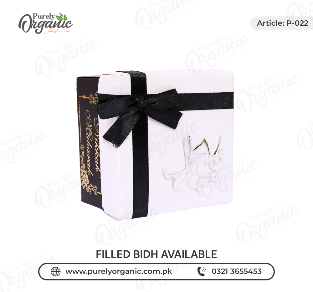 square bid box with black ribbon front view - purely organic