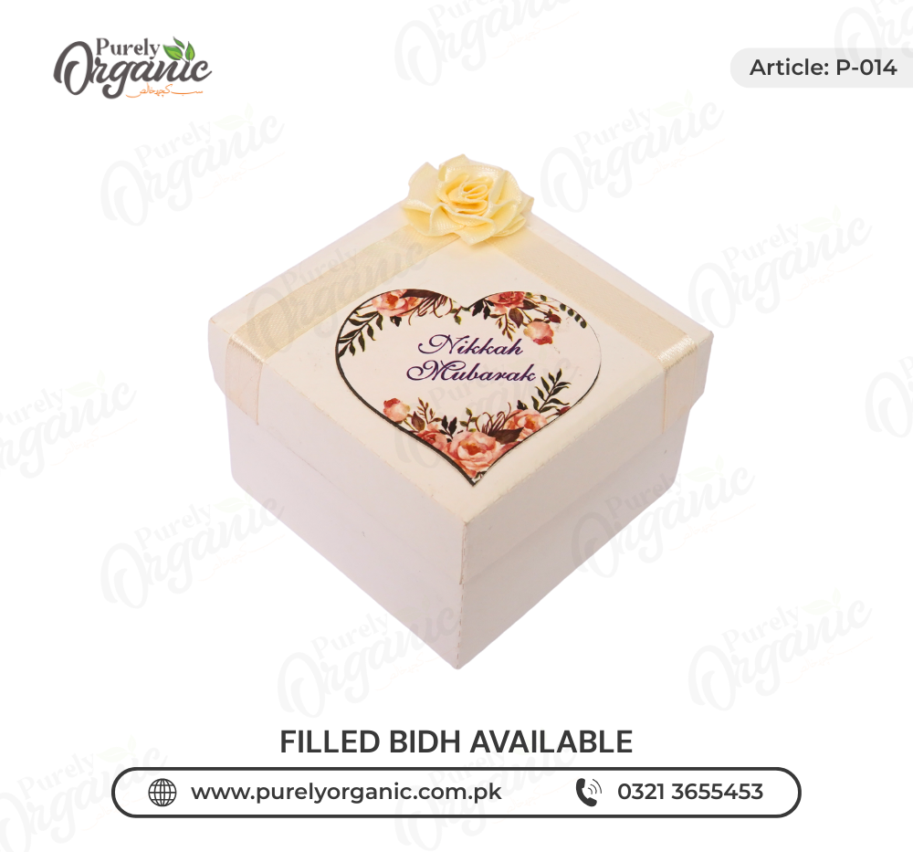 square bidh box white color with flower and tag side view - purely organic