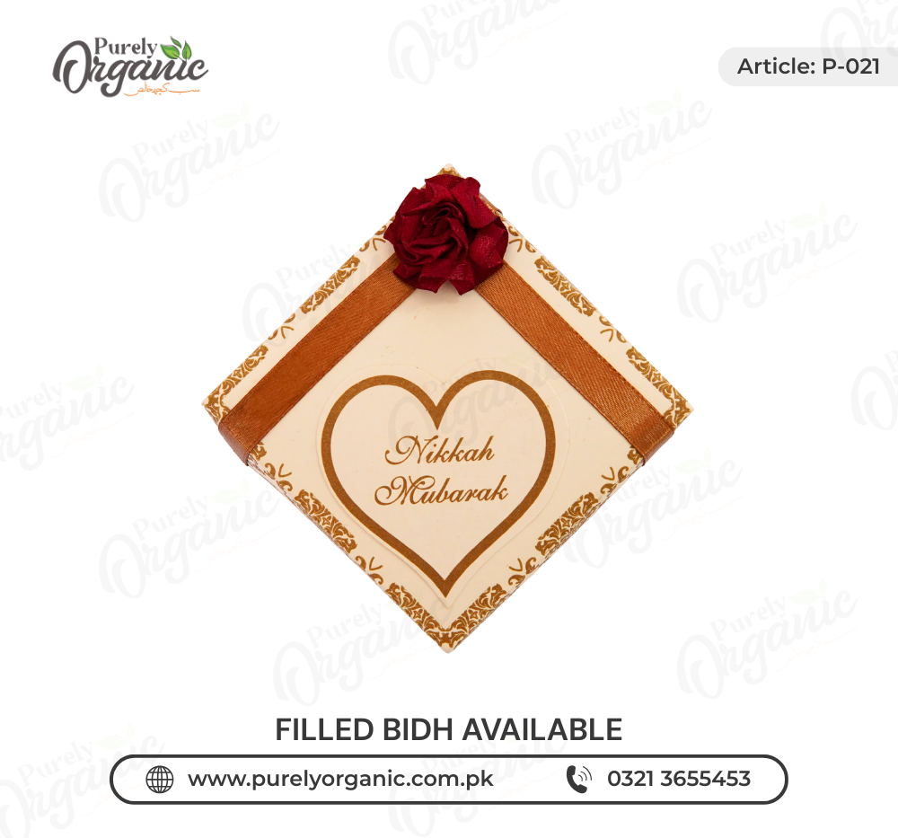 square bidh box with flower and tag printed - purely organic