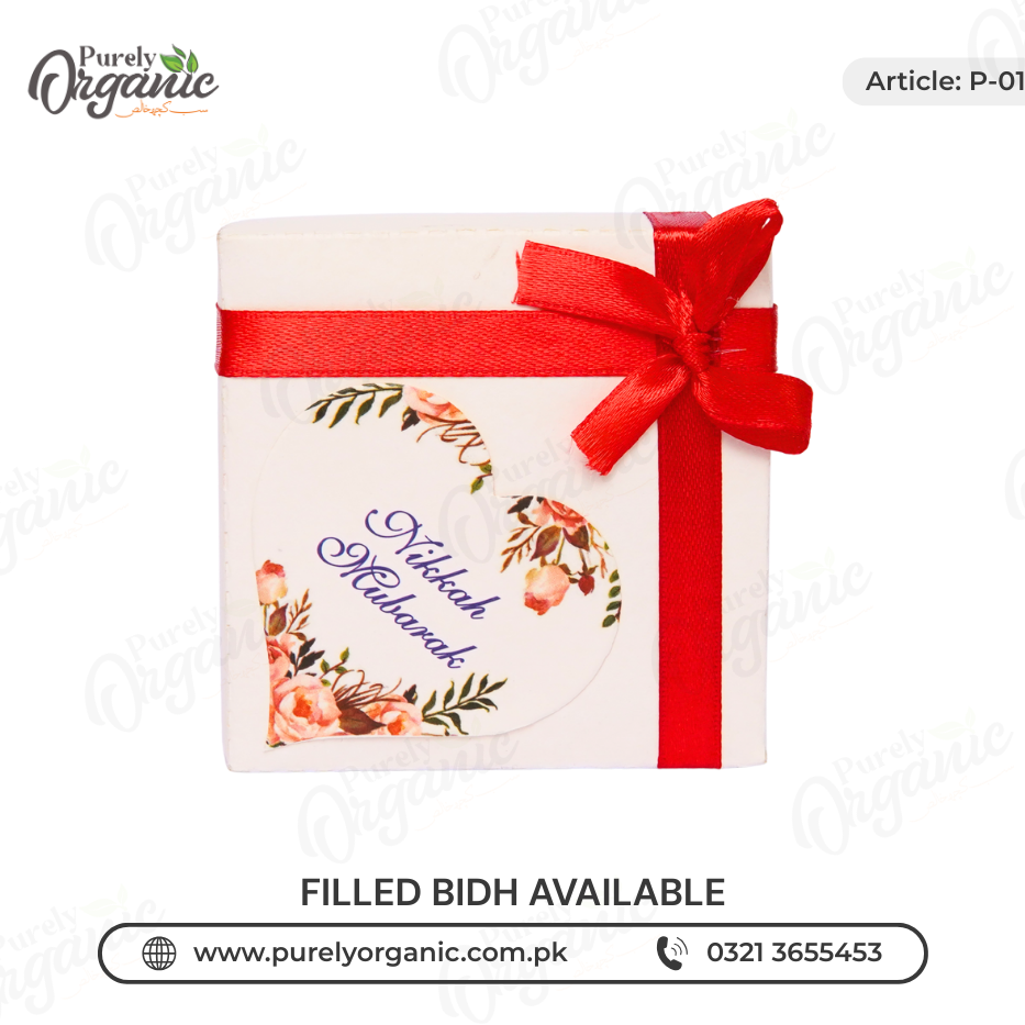 square bidh box with red ribbon and tag – purely organic